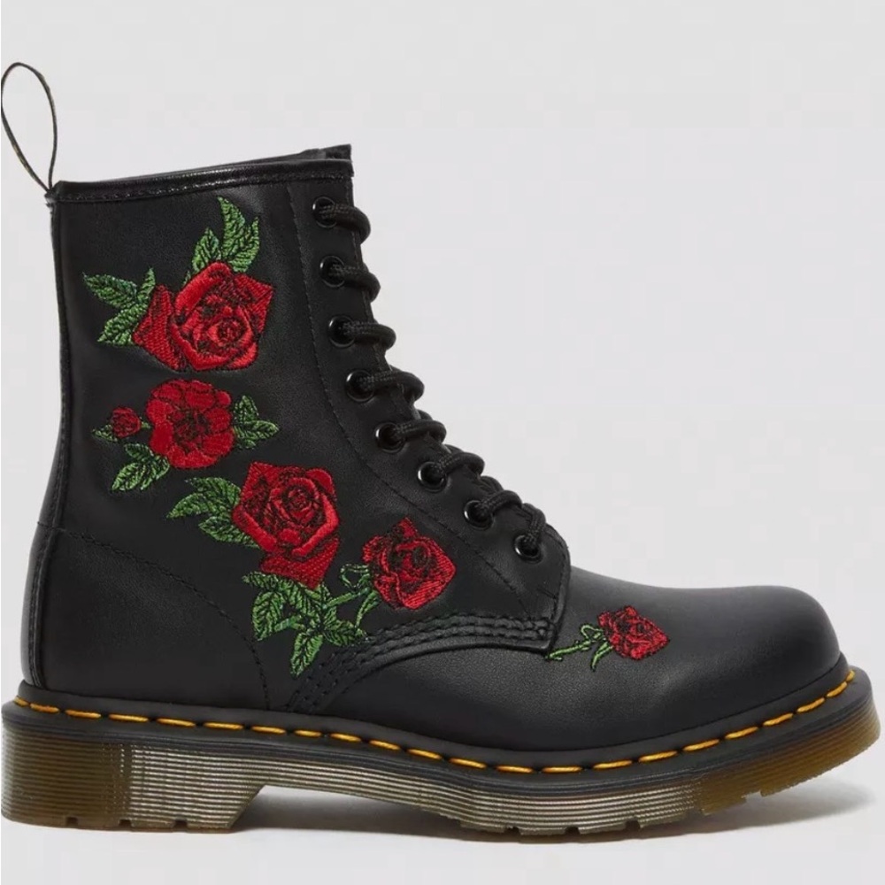 Dr. Martens 1460 Vonda Black Boots with Red Rose Embroidery